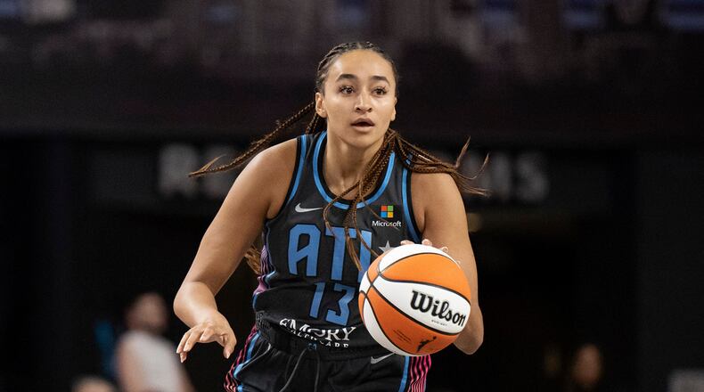 Atlanta Dream guard Haley Jones (13) during a WNBA basketball game against the Las Vegas Aces, Friday, June 2, 2023, in College Park, Ga. (AP Photo/Danny Karnik)