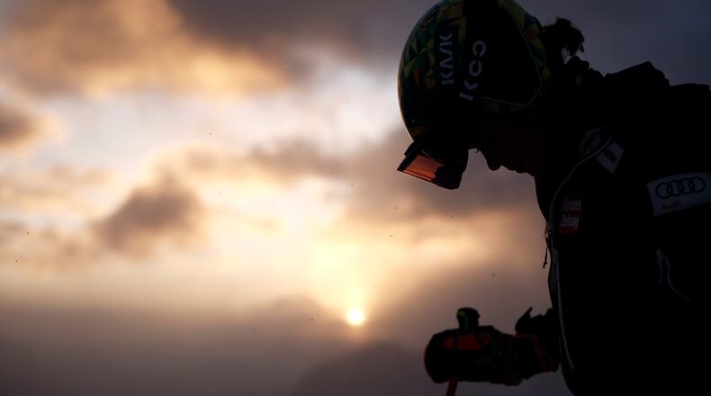 Austria's Julia Scheib concentrates ahead of the first run of an alpine ski, women's World Cup giant slalom, in Soelden, Austria, Saturday, Oct. 25, 2025. (AP Photo/Gabriele Facciotti)