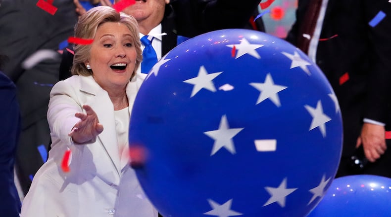 Hillary Clinton, right before she realized the big blue balloon had not given $1 million to the Clinton Foundation. (AP Photo / J. Scott Applewhite)