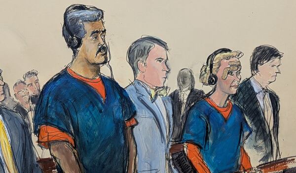 This courtroom sketch depicts ousted Venezuelan President Nicolás Maduro (left) and his wife, Cilia Flores, (second from right) as they appeared in a New York federal court on Monday. (AP)