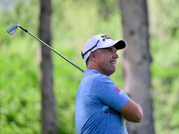 P·draig Harrington follows the flight of his shot off the 16th hole tee box during the second round of the U.S. Senior Open Championship golf tournament at Broadmoor Golf Club, Friday, June 27, 2025, in Colorado Springs, Colo. (Andy Cross/The Denver Post via AP)