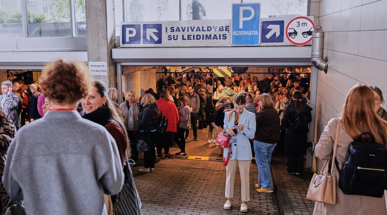 People take shelter in an underground car park during an air raid alert in Vilnius, Lithuania, Wednesday, May 20, 2026. (Vygintas Skaraitis/Lrytas via AP)