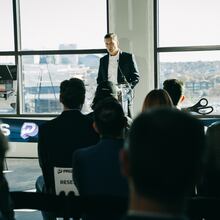 PrizePicks CEO Mike Ybarra speaks at his company's office ribbon-cutting ceremony in Atlanta on Thursday, Dec. 12, 2024 (Olivia Bowdoin for the AJC).