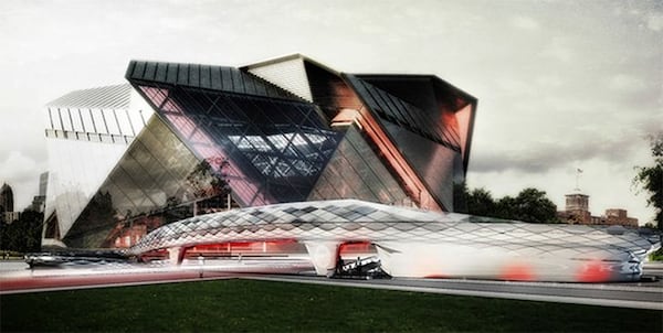  An artist rendering of the Northside Drive Pedestrian Bridge, with Mercedes-Benz Stadium in the background.