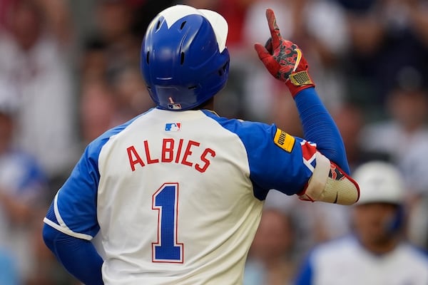 Ozzie Albies’ presence has been a crucial one in the clubhouse. But there’s a chance this is his final season in Atlanta. “I don’t think about those things; I just play baseball, to be honest with you,” Albies said when the AJC asked him about his future earlier this month. (Mike Stewart/AP)