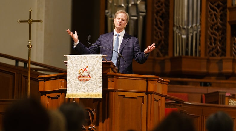 William Cope Moyers speaks about his recovery from alcoholism and drug addiction during a talk at Peachtree Road United Methodist Church on Sunday, November 14, 2021, in Atlanta. (Elijah Nouvelage for The Atlanta Journal-Constitution)