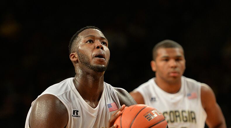 November 8, 2013 - Atlanta: Robert Carter, Jr. shoots a free throw during Georgia Tech's home opener basketball game in McCamish Pavilion against Presbyterian on November 8, 2013. JOHNNY CRAWFORD / JCRAWFORD@AJC.COM Robert Carter had surgery on his knee on Jan. 7.