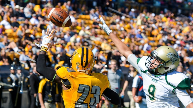 Defensive back Dante Blackmon swats away a pass attempt from Missouri S&T wide receiver Ray Mullen in the endzone, Saturday, Oct. 8, 2016. (Cory Hancock / For the AJC)