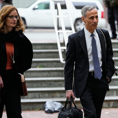 William Savitt, attorney representing OpenAI, right, arrives at the U.S. District Court in Oakland, Calif., Thursday, April 30, 2026. (AP Photo/Godofredo A. Vásquez)