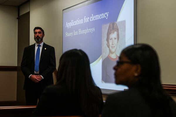 The state Board of Pardons and Paroles conducts a clemency meeting for condemned inmate Stacey Ian Humphreys in Atlanta on Tuesday, Sept. 15, 2026. (Abbey Cutrer for the AJC)