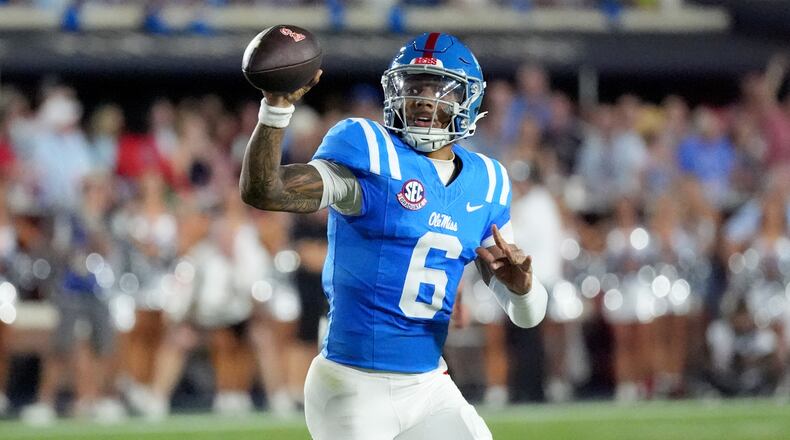 Mississippi quarterback Trinidad Chambliss (6) attempts to pass against LSU during the first half of an NCAA college football game in Oxford, Miss., Saturday, Sept. 19, 2026. (AP Photo/Rogelio V. Solis)