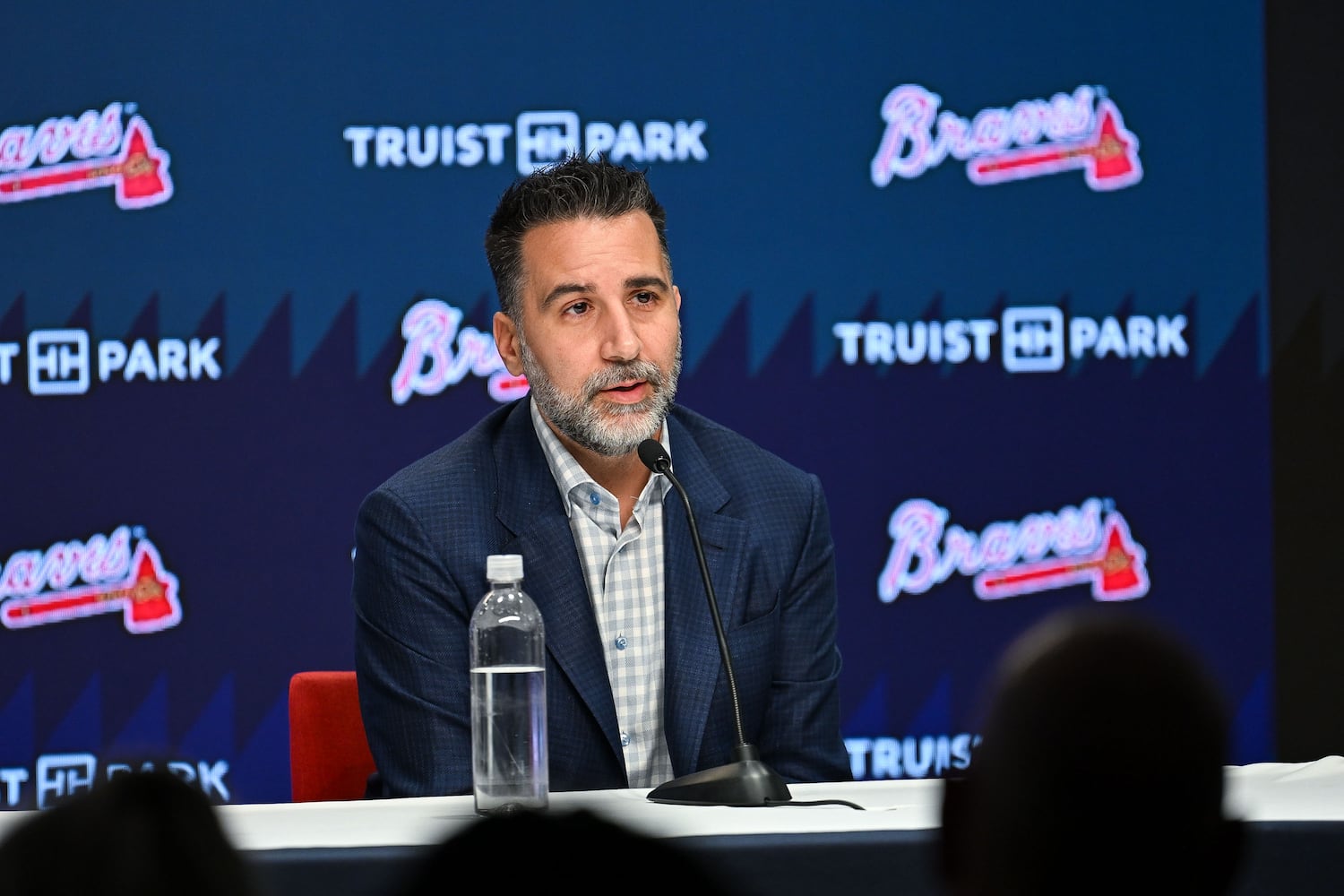 Braves president of baseball operations Alex Anthopoulos speaks during a news conference Tuesday, Nov. 4, 2025, at Truist Park in Atlanta. (Daniel Varnado for the AJC)