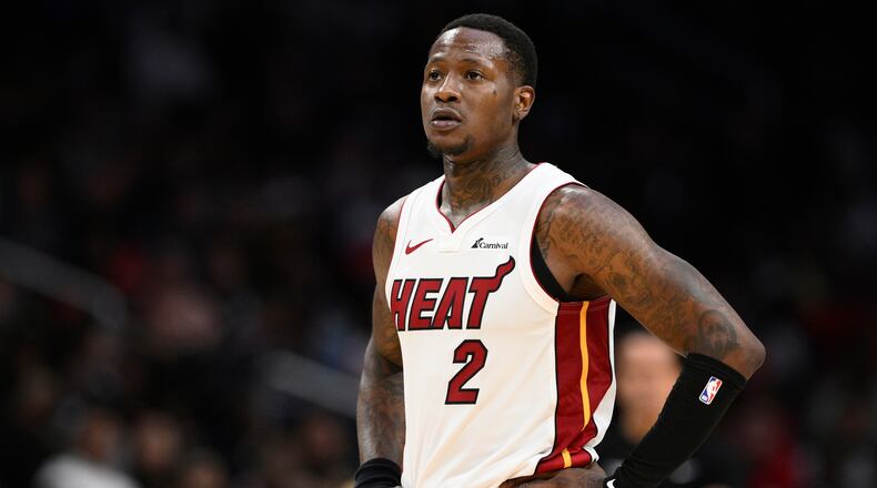 FILE - Miami Heat guard Terry Rozier (2) looks on during the second half of an NBA basketball game against the Washington Wizards, Sunday, March 31, 2024, in Washington. (AP Photo/Nick Wass, File)