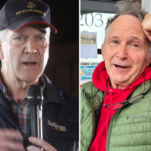 This combo shows U.S. Sen. Dan Sullivan, left, in Palmer, Alaska, on Aug. 17, 2026 and a candidate in Alaska's U.S. Senate race, Dan Sullivan, right, in Petersburg, Alaska, on July 3, 2026. (AP Photos/Mark Thiessen/Becky Bohrer)