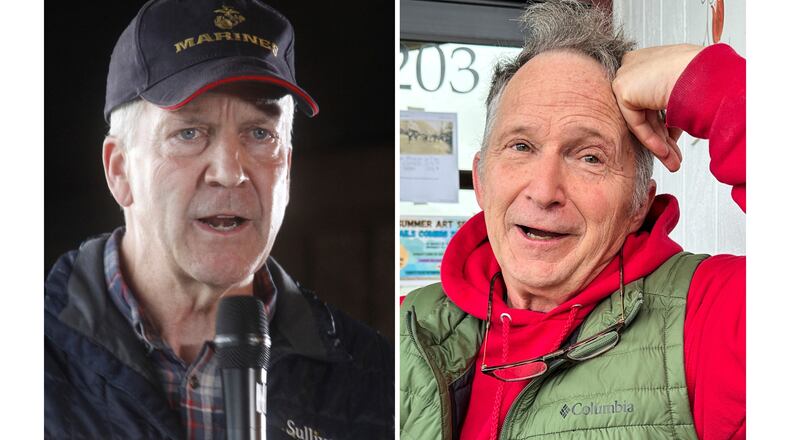 This combo shows U.S. Sen. Dan Sullivan, left, in Palmer, Alaska, on Aug. 17, 2026 and a candidate in Alaska's U.S. Senate race, Dan Sullivan, right, in Petersburg, Alaska, on July 3, 2026. (AP Photos/Mark Thiessen/Becky Bohrer)