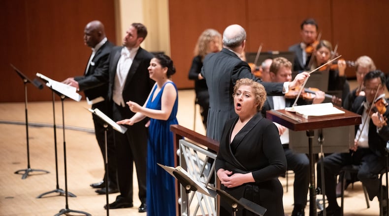 Robert Spano leads the Atlanta Symphony Orchestra and sopranos Christine Goerke and Laura Tatulescu, tenor David Walton and bass Arhutr Wooley during a performance of “Fidelio.”