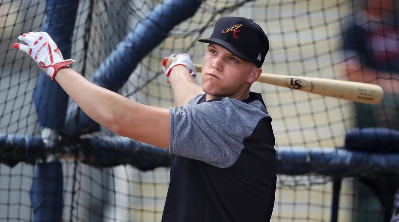 Braves prospect Bryce Ball takes batting practice at spring training.