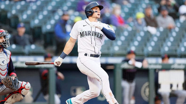 The Seattle Mariners' Jarred Kelenic flies out in his first at bat against the Cleveland Indians during the first inning at T-Mobile Park in Seattle on Thursday May 13, 2021. (Steph Chambers/Getty Images/TNS)
