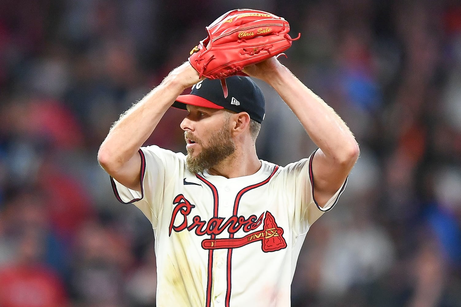 Atlanta Braves pitcher Chris Sale (51) sets up for a deliver against the New York Mets in the ninth inning of a MLB game Wednesday, June 18, 2025 at Truist Park. (Daniel Varnado/For the Atlanta Journal-Constitution)