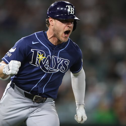 Tampa Bay Rays' Taylor Walls reacts as he heads towards first base on a two RBI single during the eighth inning of a baseball game against the Athletics Monday, Aug. 10, 2026, in West Sacramento, Calif. (AP Photo/Scott Marshall)