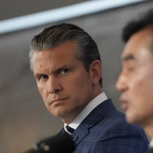 U.S. Defense Secretary Pete Hegseth, left, looks on as South Korean Defense Minister Ahn Gyu-back, right, speaks during the joint press conference following the 57th Security Consultative Meeting at the Defense Ministry in Seoul, South Korea, Tuesday, Nov. 4, 2025. (AP Photo/Lee Jin-man, Pool)