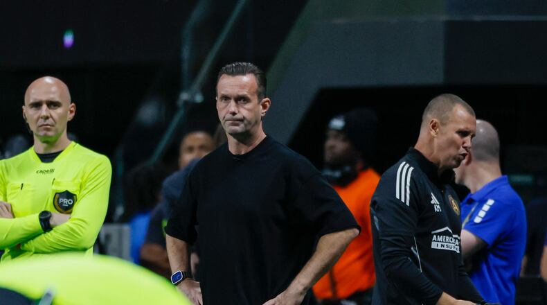 Head Coach Ronny Deila observed the team during the second half as they faced Miami at Mercedes-Benz Stadium on Sunday, March 16, 2025, in Atlanta. Atlanta United lost the match 2-1.
(Miguel Martinez/ AJC)