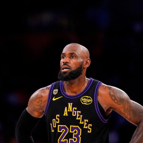 Los Angeles Lakers forward LeBron James stands on the court in the closing minutes of Game 4 in a second-round NBA basketball playoffs series against the Oklahoma City Thunder, Monday, May 11, 2026, in Los Angeles. (AP Photo/Mark J. Terrill)