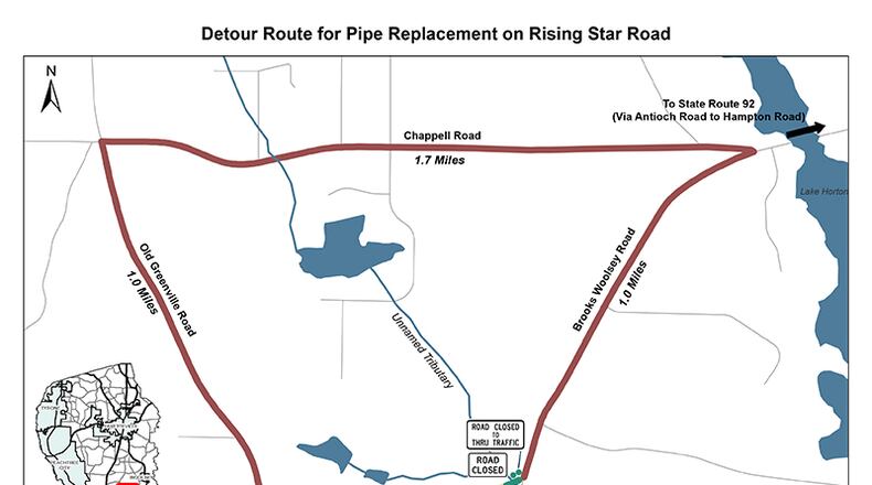 A detour will be used while Rising Star Road is closed for stormwater pipe repairs. Courtesy Fayette County