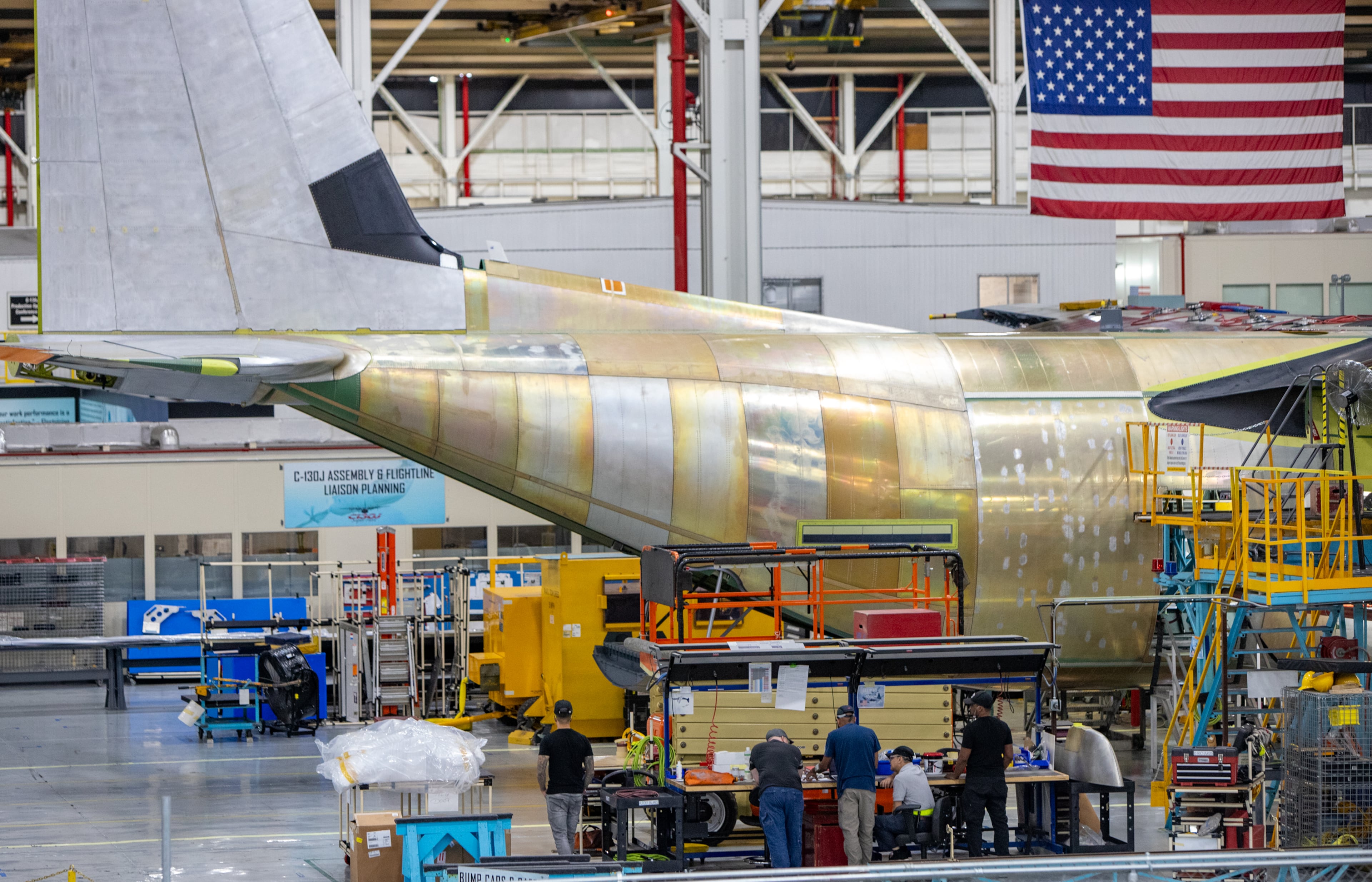 The Lockheed Martin C-130J production facility in Marietta seen on Tuesday, Oct 22, 2024. The facility has been making C-130s for seven decades, the longest-running military aircraft production line in history. (Jenni Girtman for Atlanta Journal-Constitution)