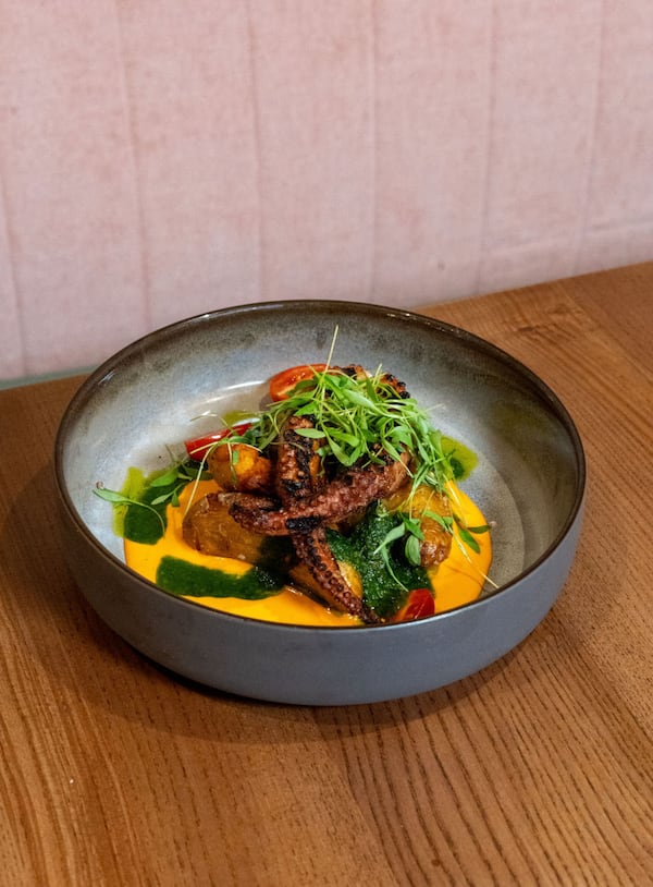 Charred octopus pulls flavors from across the Mediterranean Sea at Bey. (Courtesy of Bey Mediterranean)