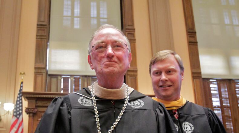 Hank Huckaby in his regalia as while Chancellor of the University System of Georgia. He served in some of the highest offices of the state for Democrats and Republican administrations, including being the state budget director.