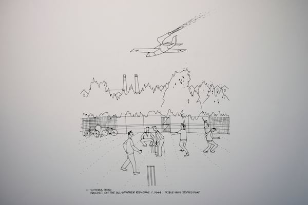 A drawing featuring Victoria Park created by John Goldsmith, in London, Thursday, April 24, 2025. (AP Photo/Kin Cheung)
