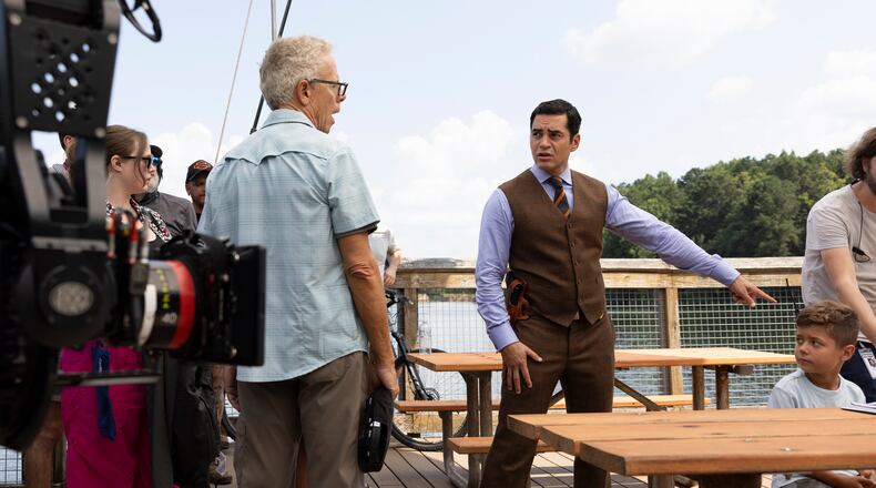 A behind-the-scenes photo of Greg Germann as James Ulster facing off with Will Trent (Ramon Rodriguez) on the Jan. 6, 2026, Season 4 debut episode. (Courtesy of Lynsey Weatherspoon/Disney)