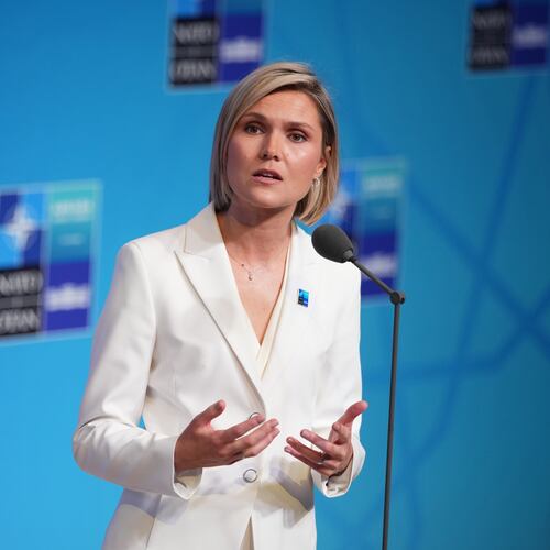 Iceland's Prime Minister Kristrun Frostadottir speaks as she arrives for the NATO summit in Ankara, Turkey, Wednesday, July 8, 2026. (AP Photo/Emrah Gurel)