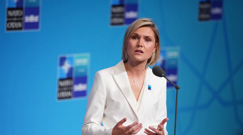 Iceland's Prime Minister Kristrun Frostadottir speaks as she arrives for the NATO summit in Ankara, Turkey, Wednesday, July 8, 2026. (AP Photo/Emrah Gurel)