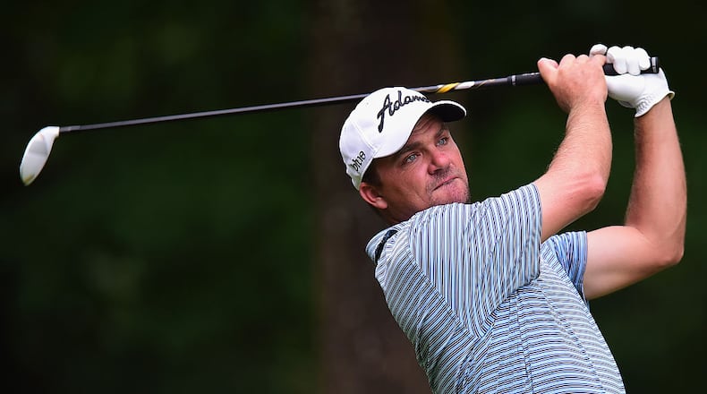 GREENSBORO, NC - AUGUST 20: Nicholas Thompson tees off on the 2nd hole during the first round of the Wyndham Championship at Sedgefield Country Club on August 20, 2015 in Greensboro, North Carolina. (Photo by Jared C. Tilton/Getty Images)