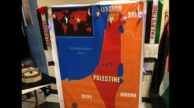 This edited map, which replaces Israel with Palestine, was displayed during Autrey Mill Middle School's multicultural night in Alpharetta on Thursday, March 7, 2019. The principal denounced it in a letter to parents the next day. (Courtesy of Fulton County Schools)