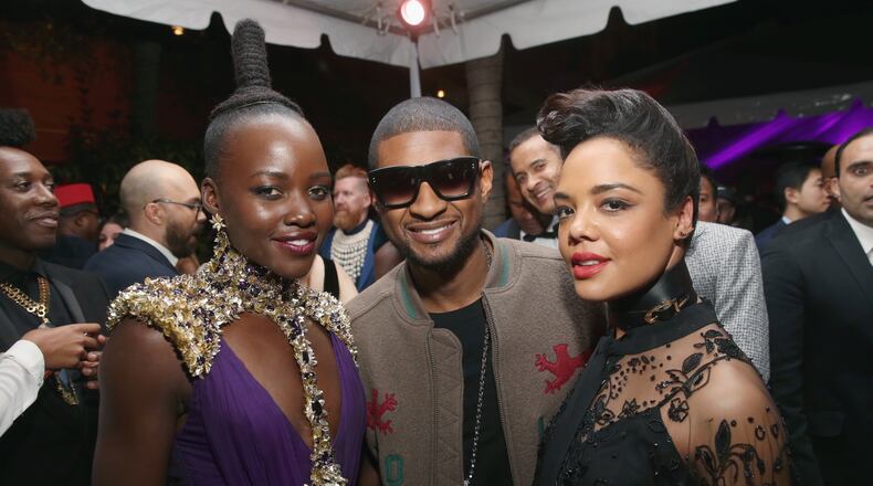 Lupita Nyong'o,left, Usher and Tessa Thompson at the Los Angeles World Premiere of Marvel Studios' "Black Panther" at the Dolby Theatre Tuesday night in Hollywood. Photo by Jesse Grant/Getty Images for Disney