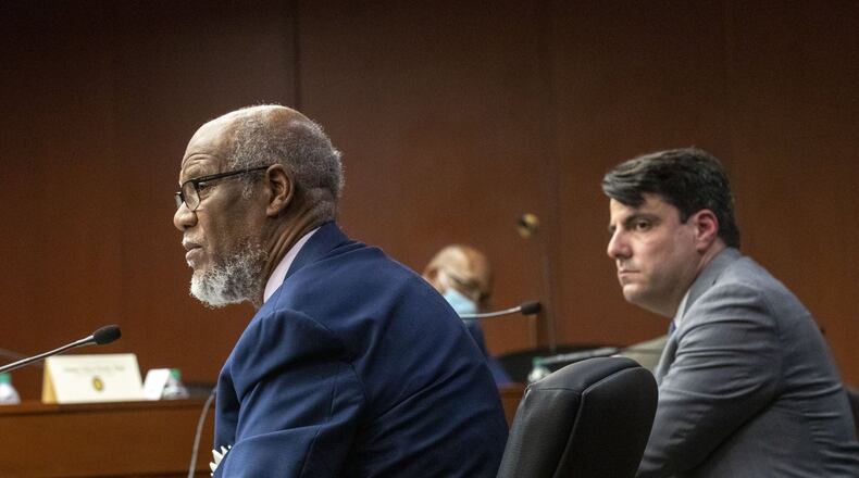 Georgia Rep. Calvin Smyre, D-Columbus, left, and Rep. Chuck Efstration, R-Dacula, present House Bill 426 during a Senate Judiciary Committee meeting Thursday at the Paul D. Coverdell Legislative Office Building in Atlanta. HB 426 is hate-crimes legislation that the Georgia House passed more than a year ago. (ALYSSA POINTER / ALYSSA.POINTER@AJC.COM)
