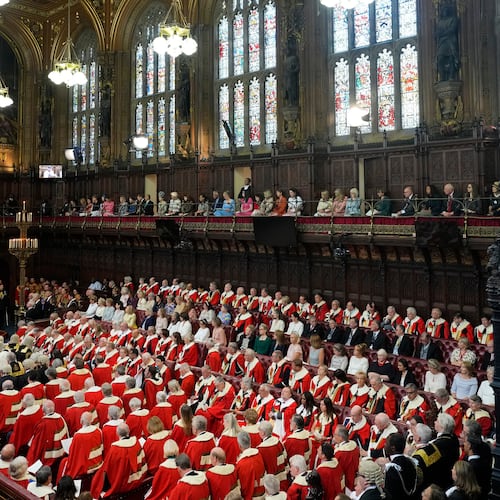 FILE-King Charles III reads the King's Speech, as Queen Camilla sits beside him during the State Opening of Parliament in the House of Lords, London, Wednesday, July 17, 2024. (AP Photo/Kirsty Wigglesworth, Pool)