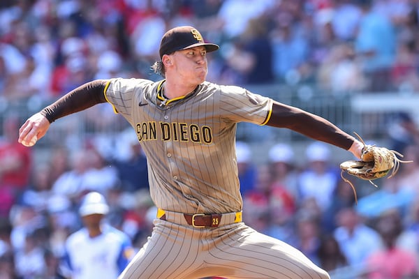 San Diego Padres pitcher Sean Reynolds delivers in the first inning of a baseball game against the Atlanta Braves, Saturday, May 24, 2025, in Atlanta. (AP Photo/Colin Hubbard)