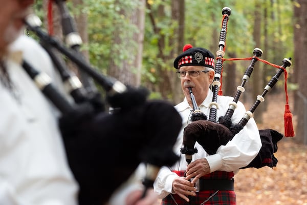 Tom Keen, with John Mohr Mackintosh Pipes and Drums, warms up before a performance at the Stone Mountain Highland Games and Scottish Festival on Sunday, Oct. 19, 2025. (Ben Gray for the AJC)