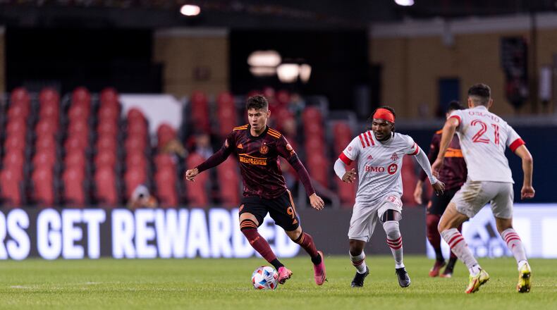 Atlanta United midfielder Matheus Rossetto #9 dribbles the ball during the match against Toronto FC at BMO Training Ground in Toronto, Ontario on Saturday October 16, 2021. (Photo by Jacob Gonzalez/Atlanta United)