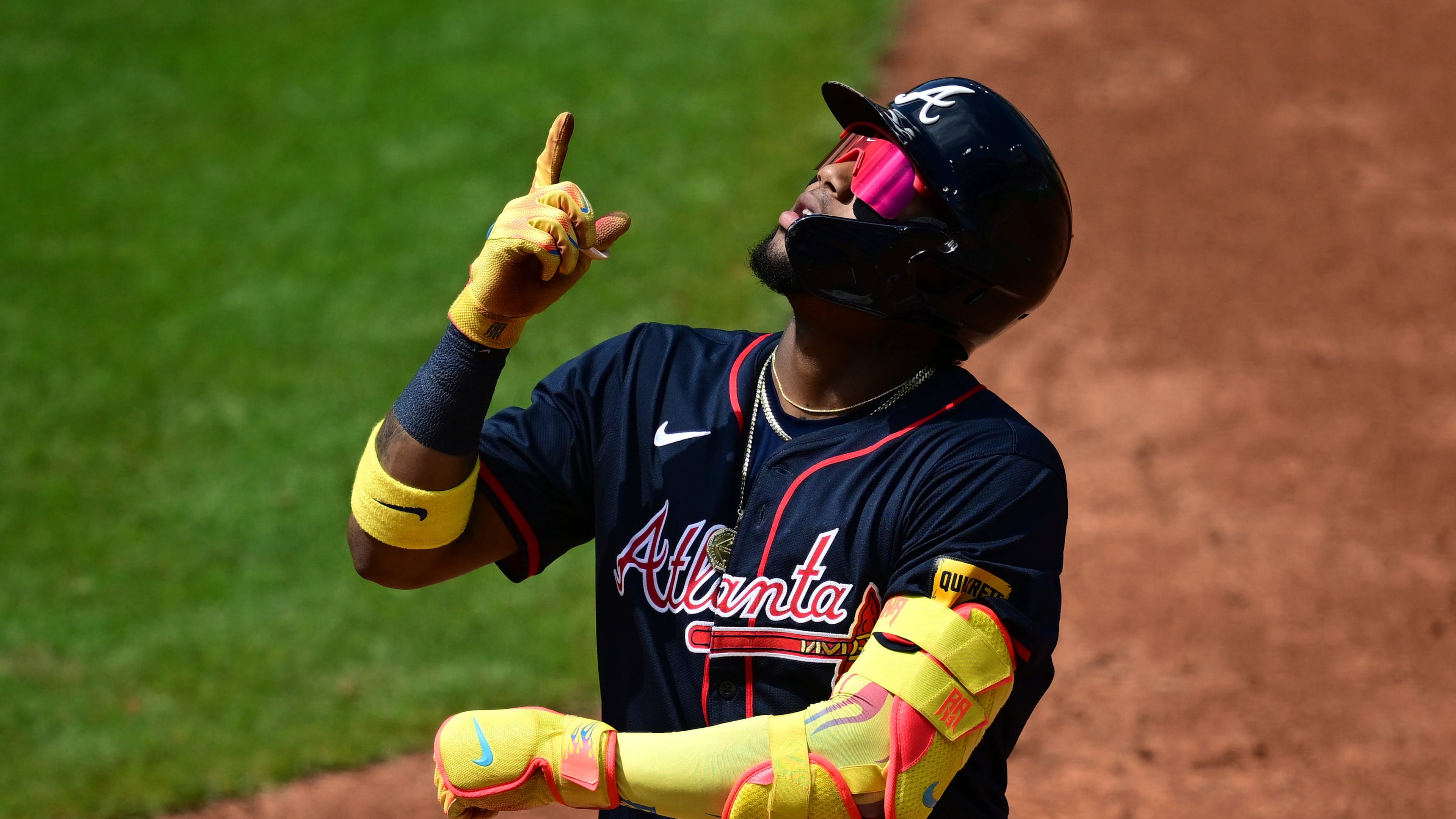Atlanta Braves' Ronald Acuna Jr. celebrates after hitting a single during the third inning of a baseball game against the Cleveland Guardians, Sunday, Aug. 17, 2025, in Cleveland. (AP Photo/David Dermer)