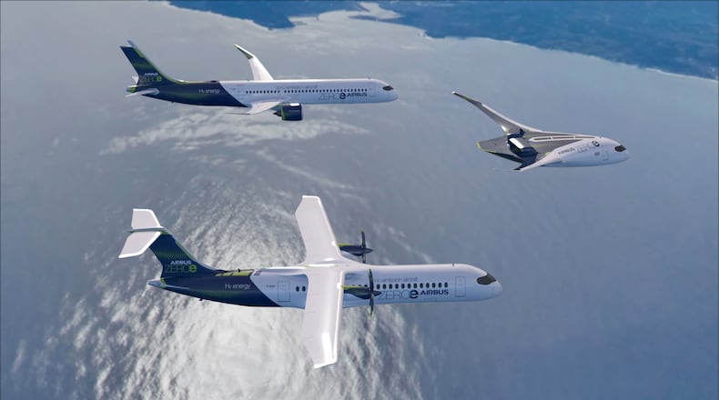 A rendering of Airbus' hydrogen-powered concept planes. The company is aiming to develop a zero-emissions plane that could enter commercial service by 2035.(Airbus/TNS)