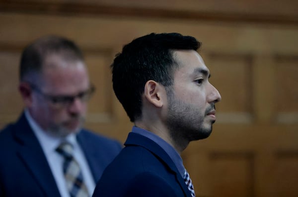 Prosecutor Adam Lally, left, calls Karl Miyasako of Bode Technology lab into the courtroom during the retrial of Karen Read in the Norfolk Superior Court, Monday, May 19, 2025, in Dedham, Mass. (Pat Greenhouse/The Boston Globe via AP, Pool)