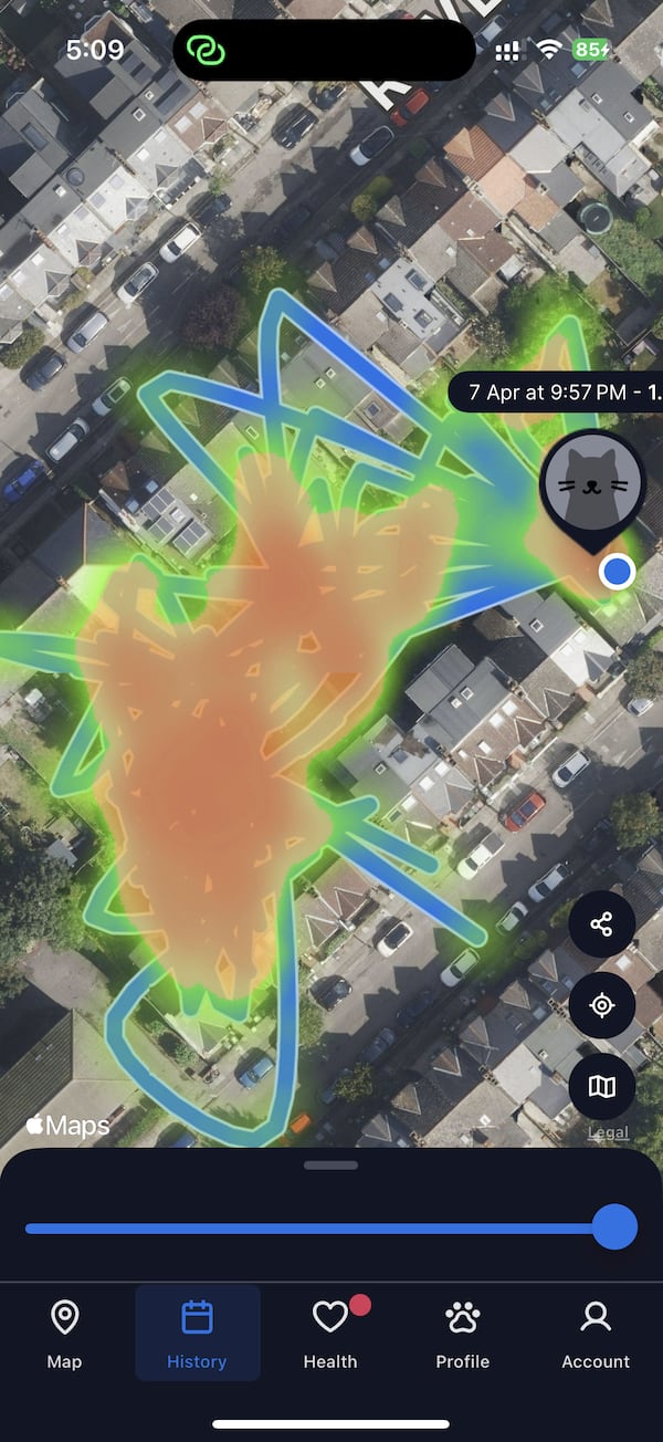 A screenshot of the Tractive pet tracking app shows a cat's travels and most frequented areas in a London neighborhood in London, Thursday, May 29, 2025.(AP Photo/Kelvin Chan)