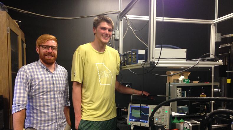 Georgia Tech center Ben Lammers has spent his summer in the school's Non-Destructive Evaluation Laboratory in an undergraduate research internship. His research has been led by Tech Ph.D candidate David Torello, to Lammers' left.