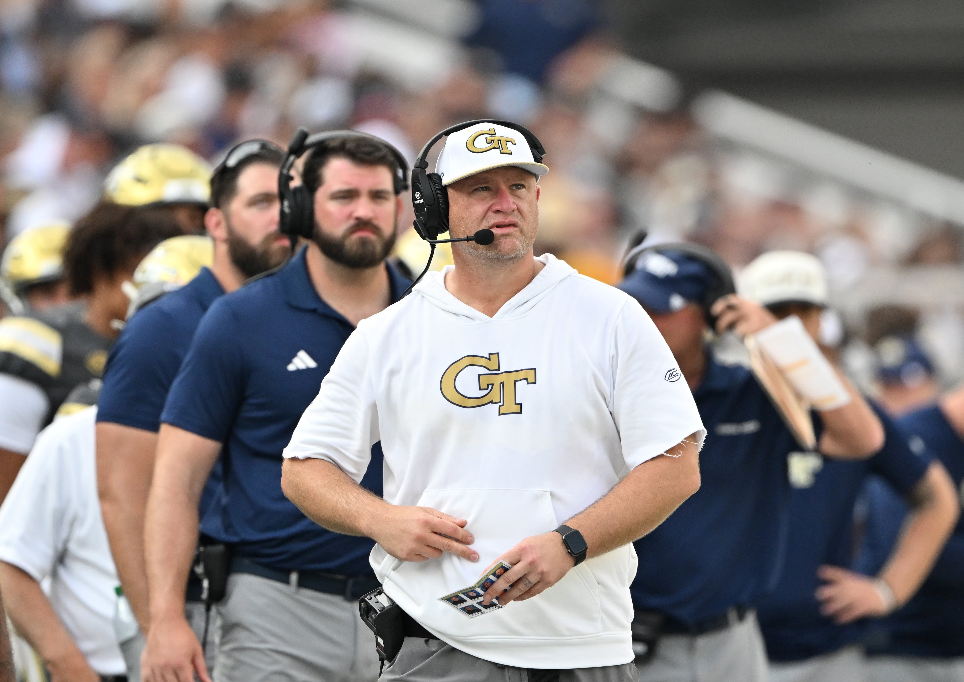 Georgia Tech head coach Brent Key watches from the sideline during the first half of an NCAA college football game at Georgia Tech's Bobby Dodd Stadium, Saturday, Sept. 20, 2025 in Atlanta. (Hyosub Shin/AJC)