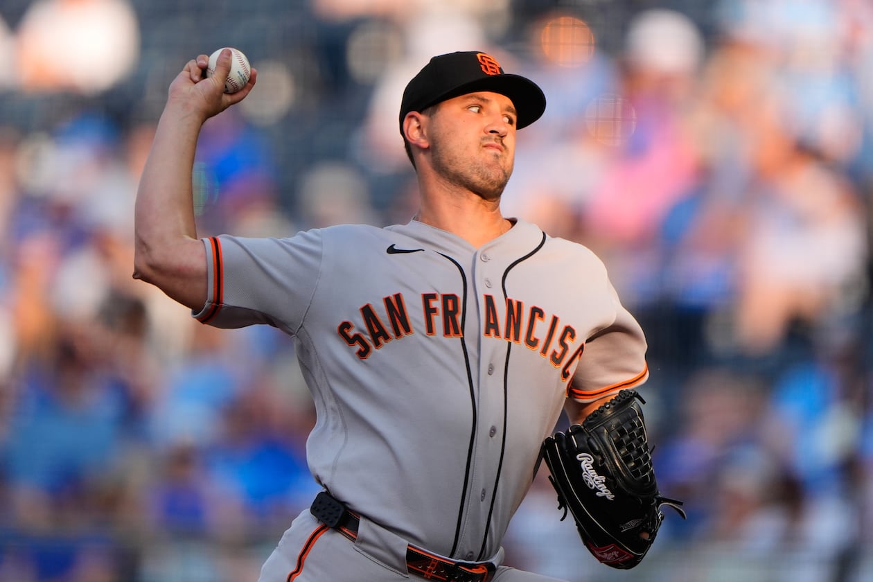 San Francisco Giants starting pitcher Tyler Mahle throws during the first inning of a baseball game against the Kansas City Royals, Tuesday, July 21, 2026, in Kansas City, Mo. (AP Photo/Charlie Riedel)